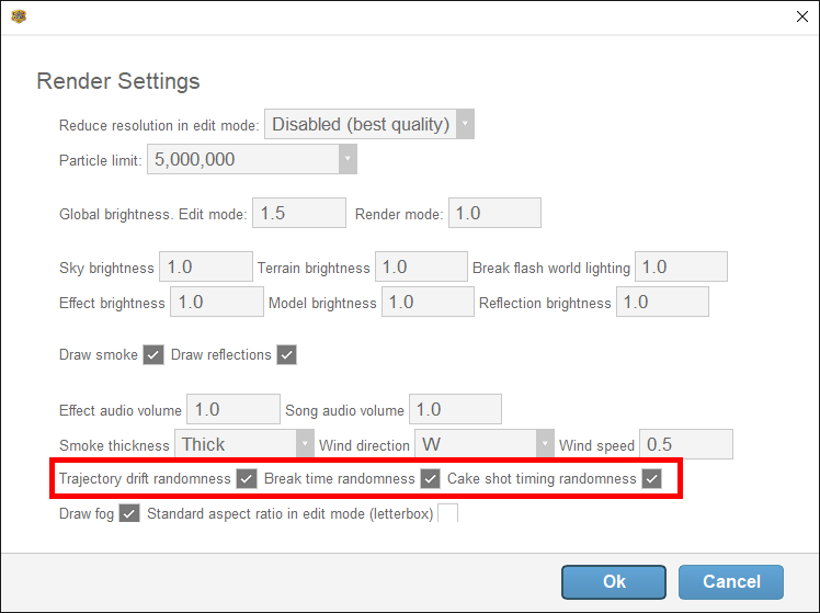 Finale 3D Break, Trajectory Drift, and Cake Shot Randomness Settings
